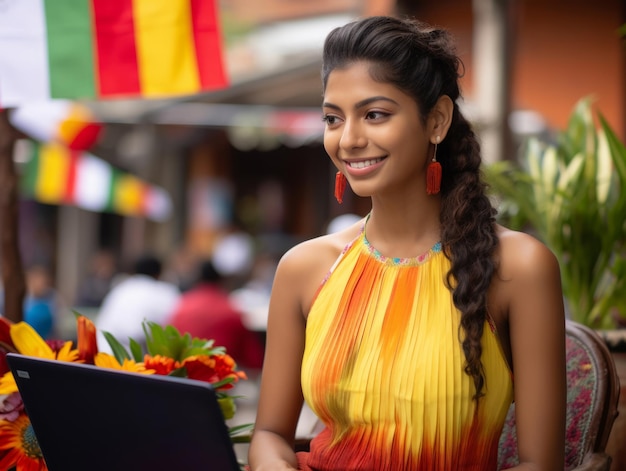 Woman from Colombia working on a laptop in a vibrant urban setting