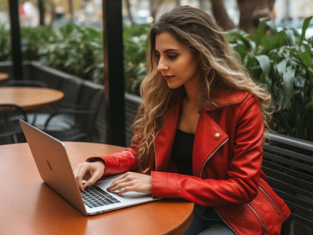 Woman from Colombia working on a laptop in a vibrant urban setting