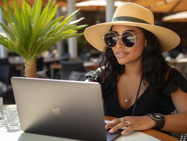 Woman from Colombia working on a laptop in a vibrant urban setting