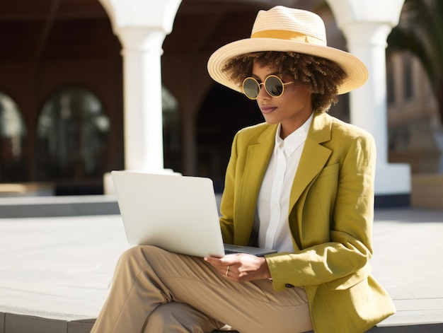 Woman from Colombia working on a laptop in a vibrant urban setting