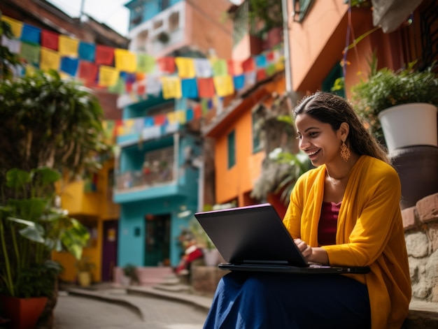 Foto donna colombiana che lavora su un portatile in un ambiente urbano vibrante