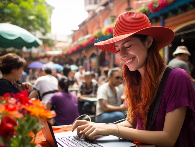 Woman from Colombia working on a laptop in a vibrant urban setting