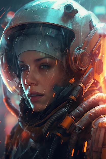 Woman from the future in technology advanced futuristic illustration colorful scene