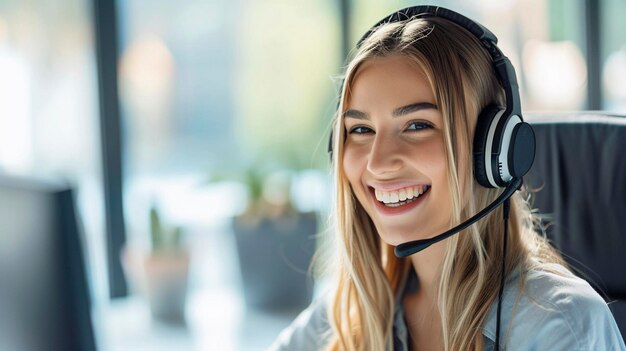 Woman from the support service advises customers in call center