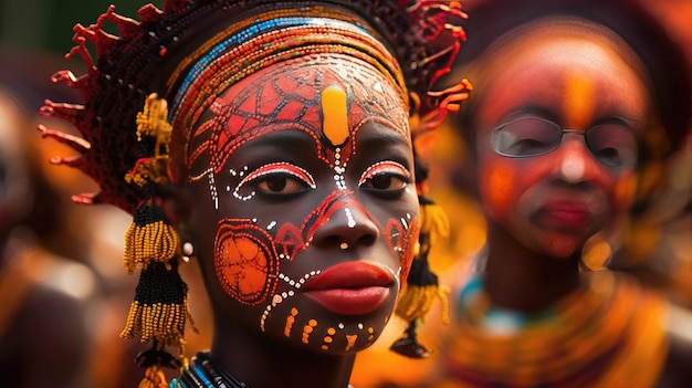 женщина из племени носит на лице яркую краску с надписью "