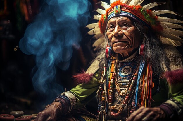 a woman from the tribe sits in front of a blue smoke.