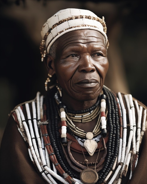 A woman from the tribe with a traditional hat and necklace