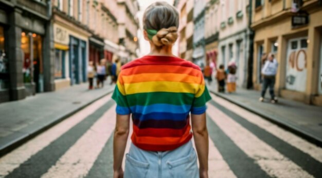 Женщина сзади в футболке с цветами ЛГБТ-флага идет в городском центре