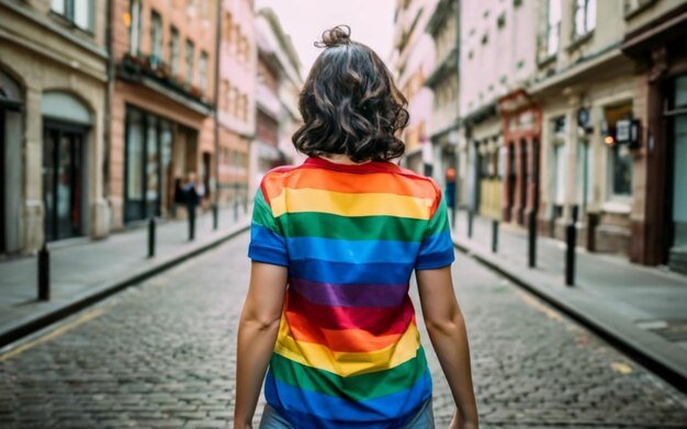 都市の中心部で歩いているLGBTの旗の色のTシャツを着た後ろの女性