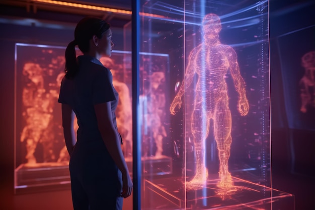 Женщина перед трехмерным голографическим изображением человека с искусственным интеллектом, спроецированным посреди технической лаборатории.