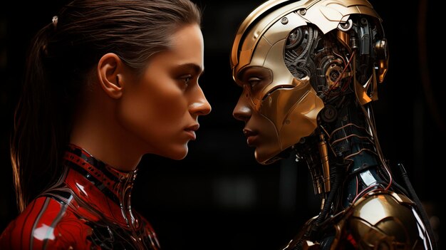 Foto donna di fronte a un android di intelligenza artificiale