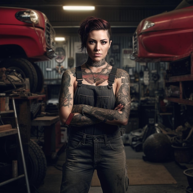 Photo woman front the car tattoo beautiful