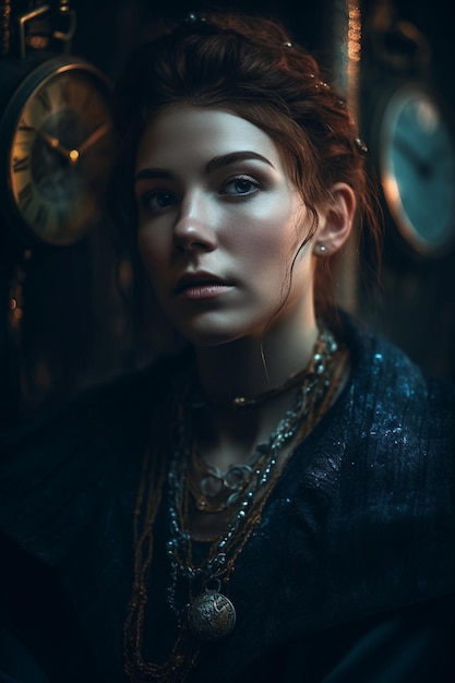 A woman in front of a clock