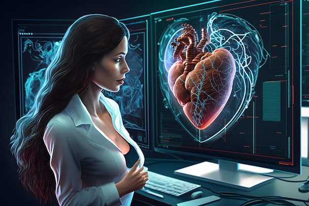 심장이 있는 컴퓨터 화면 앞에 있는 여자.