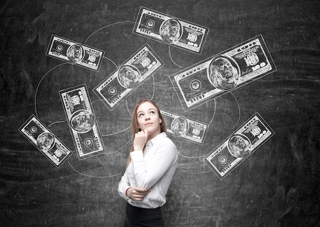 Woman in front of dollar notes sketch