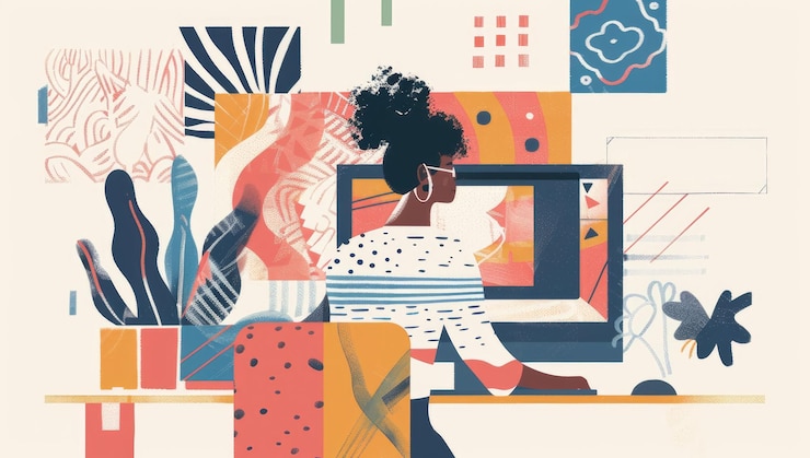 Photo a woman in front of her computer depicted with colorful patterns and shapes that symbolize creativity and digital expression