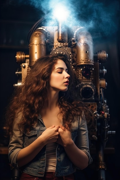 Woman in front of a mechanical works with a steam engine.