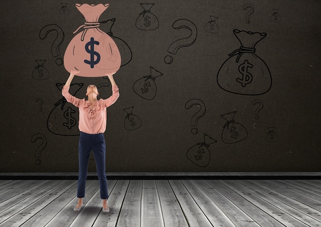 woman in front of money on wall