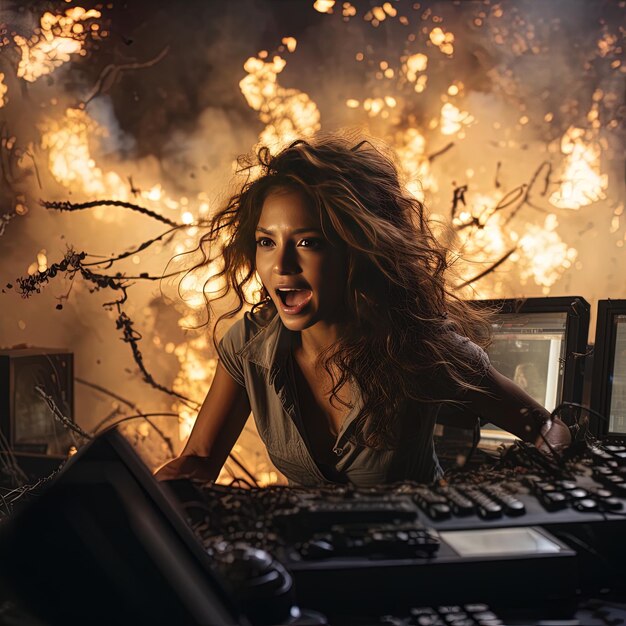 Photo a woman in front of a monitor with the words  shes a woman  on it