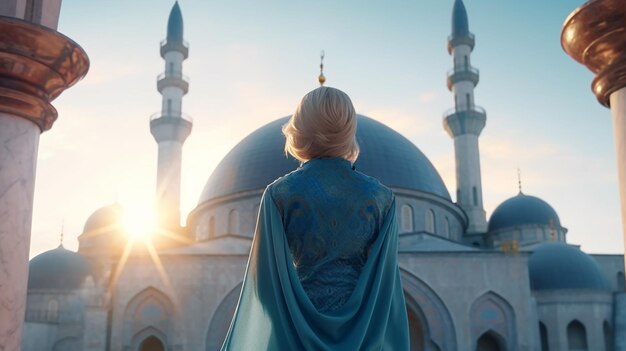 A woman in front of a mosque with a blue dome on the top Generative AI