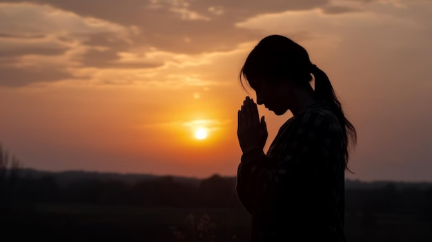 太陽を背にして夕日の前に立つ女性