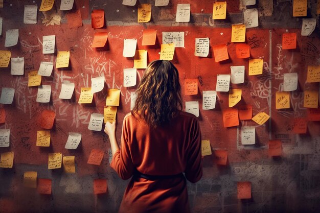 Foto donna davanti a un muro pieno di appunti