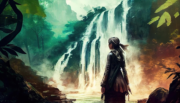 Woman in front of a waterfall in a tropical forest adventure World Tourism Day 27th September AI Generated