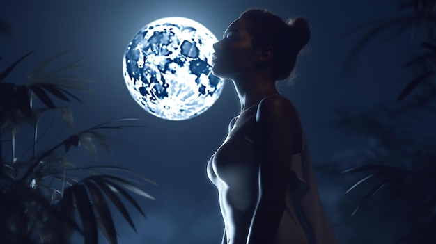 Photo woman and full moon in the desertgenerative ai