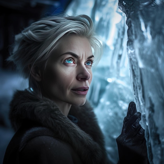 A woman in a fur coat and fur coat stands in front of an ice cave.