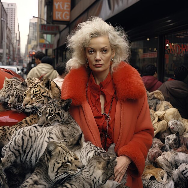 Photo a woman in a fur coat is standing in front of a store that says  fed