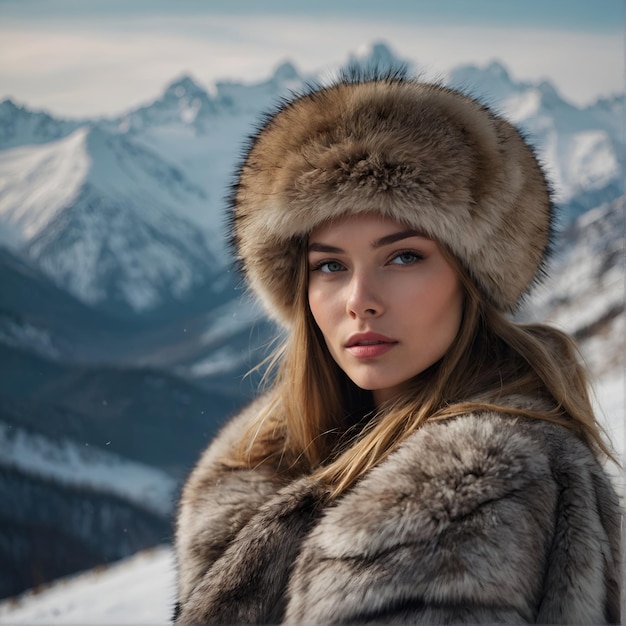 Foto una donna con un cappotto di pelliccia in piedi nella neve