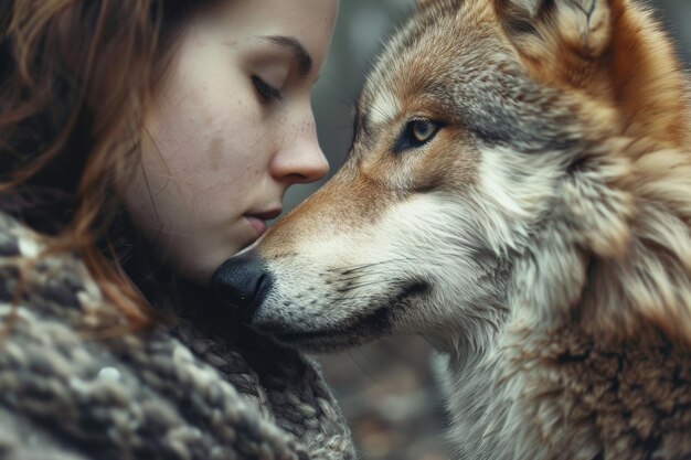 Photo woman in fur coat standing with wolf