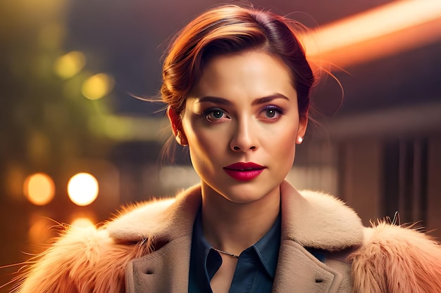 A woman in a fur coat stands in front of a street lights.