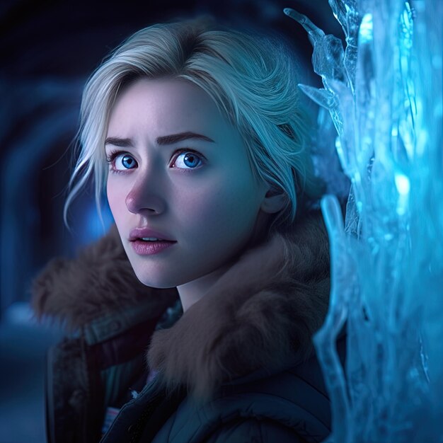 A woman in a fur coat stands in front of a wall of ice.