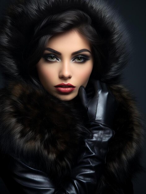 毛皮の襟と毛皮のトリミングされたフードが付いた毛皮のコートを着た女性。