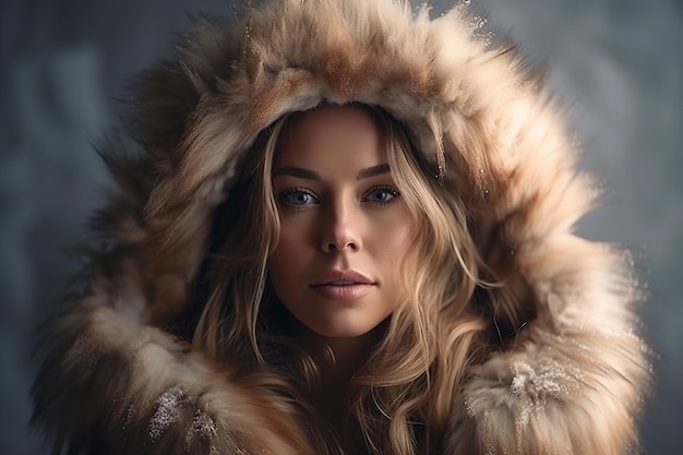 毛皮のフード付きの毛皮のコートを着た女性