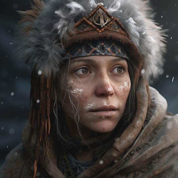 A woman in a fur hat with the word winter on it