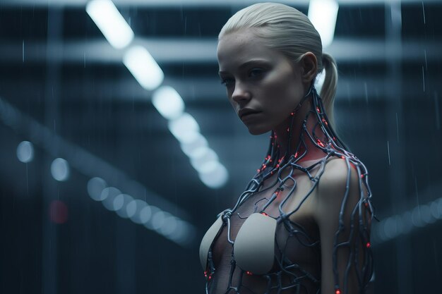 A woman in a futuristic body suit standing in the rain