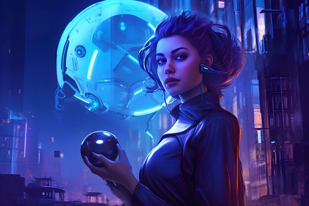 A woman in a futuristic city holding a ball