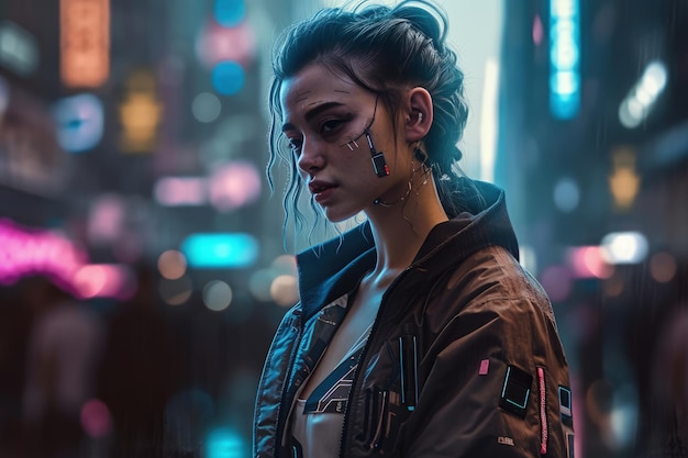 A woman in a futuristic city with a neon light behind her.