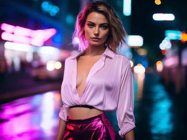 Woman in futuristic clothes enjoys leisurely stroll through neon city streets