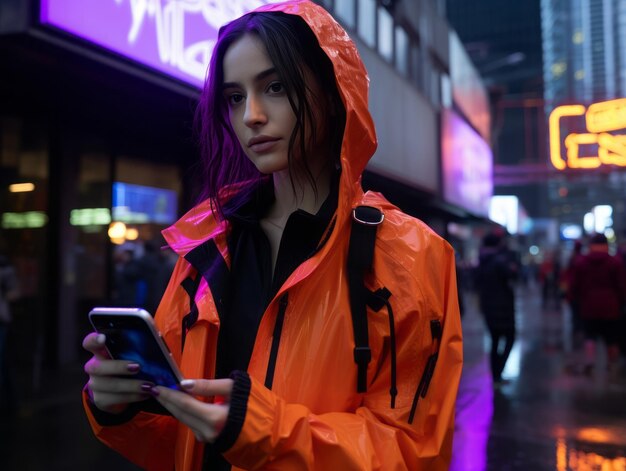 Photo woman in futuristic clothes enjoys leisurely stroll through neon city streets