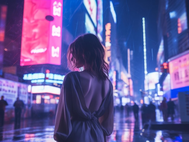 woman in futuristic clothes enjoys leisurely stroll through neon city streets