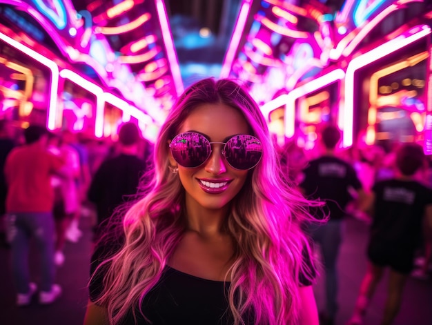 woman in futuristic clothes enjoys leisurely stroll through neon city streets