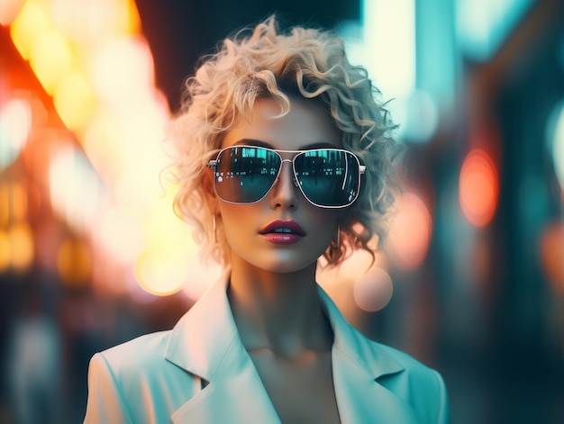 Foto la donna in abiti futuristici si diverte a passeggiare tranquillamente per le strade della città al neon