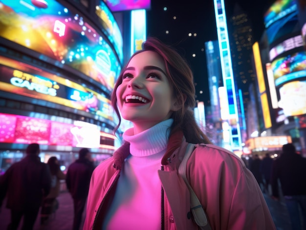Woman in futuristic clothes enjoys leisurely stroll through neon city streets