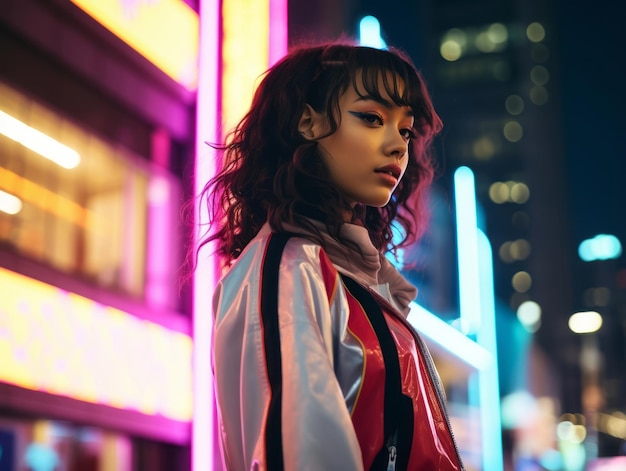 woman in futuristic clothes enjoys leisurely stroll through neon city streets