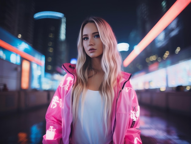 woman in futuristic clothes enjoys leisurely stroll through neon city streets