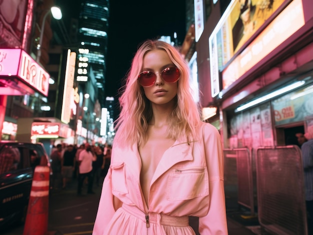 Photo woman in futuristic clothes enjoys leisurely stroll through neon city streets