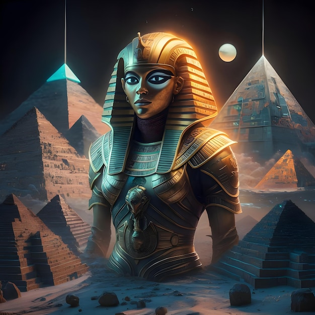 Photo a woman in a futuristic costume stands in front of pyramids